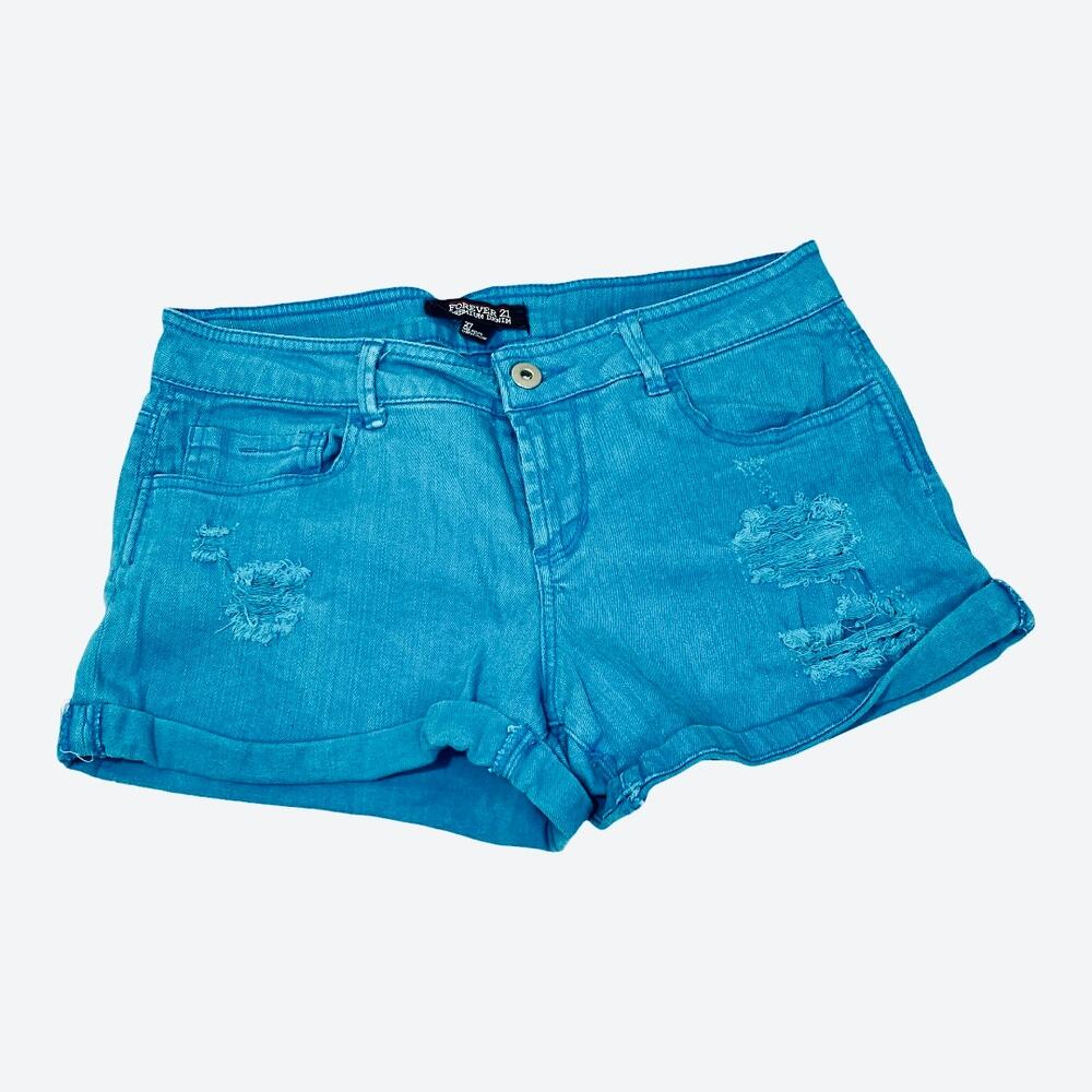 F21 Denim Shorts Size 27 Turquoise Distressed Premium Denim